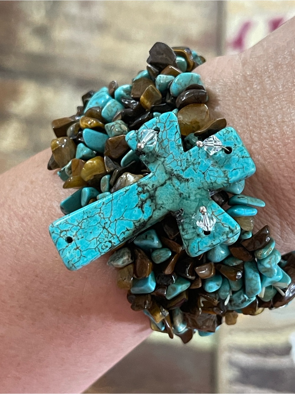 Chunky Southwestern-style muti-strand Turquoise colored Cross chip Bracelet